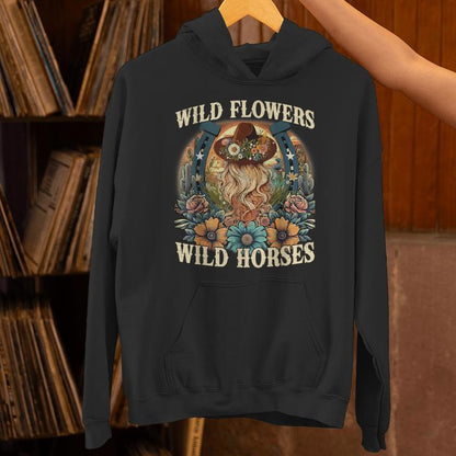 Retro Southern Sunset Cowgirl Wild Flowers Wild Horses Unisex Hoodie