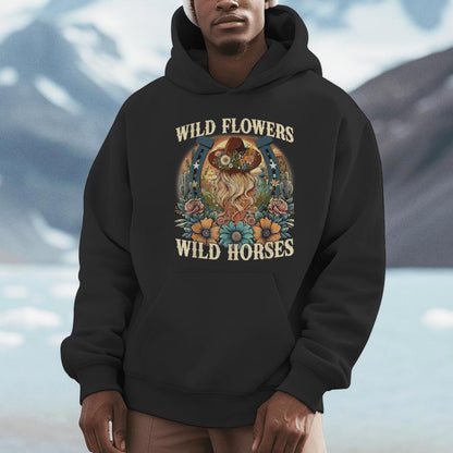Retro Southern Sunset Cowgirl Wild Flowers Wild Horses Unisex Hoodie